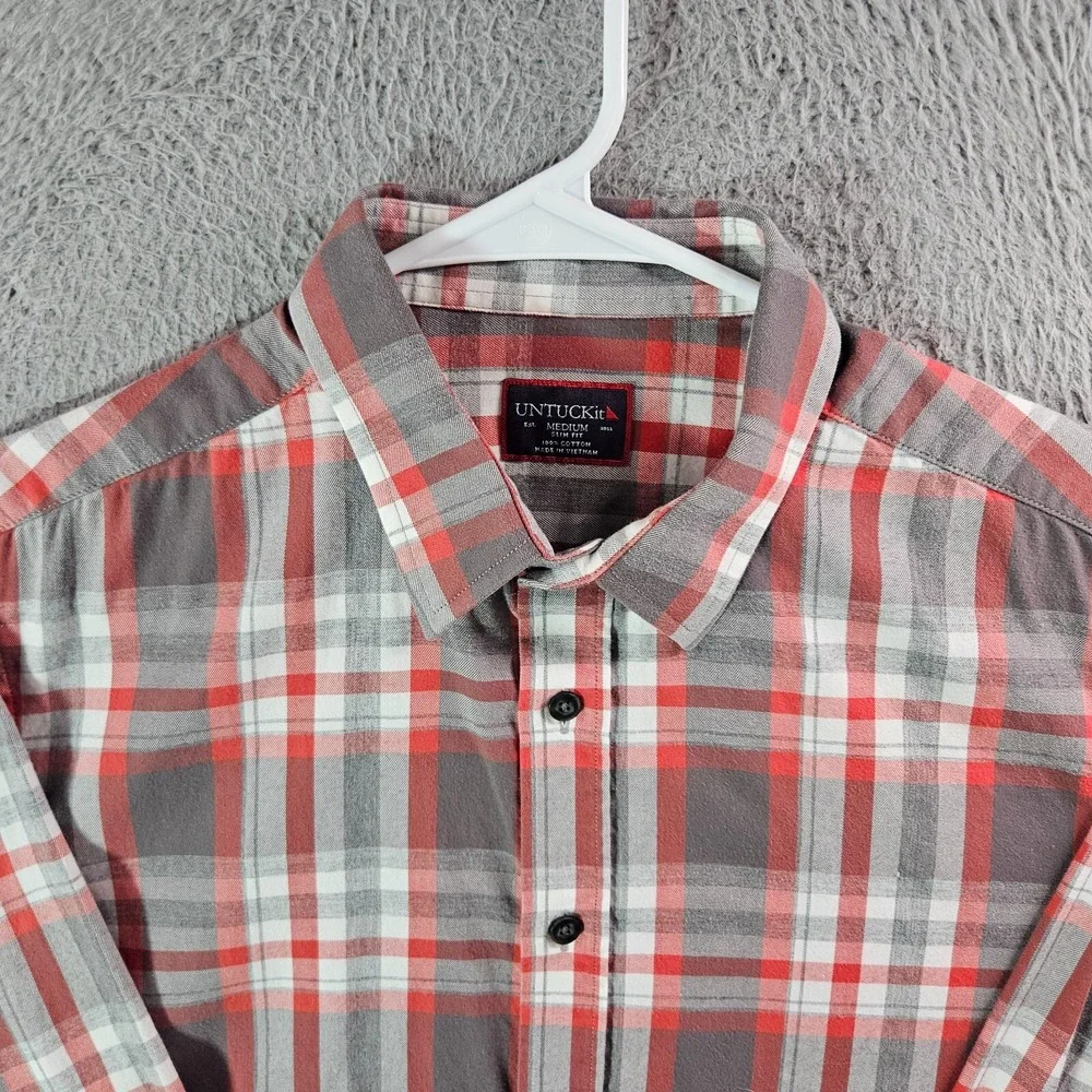 Untuckit Shirt Men Medium Slim Fit Button Up Long Sleeve Gray Red Plaid Pls Read